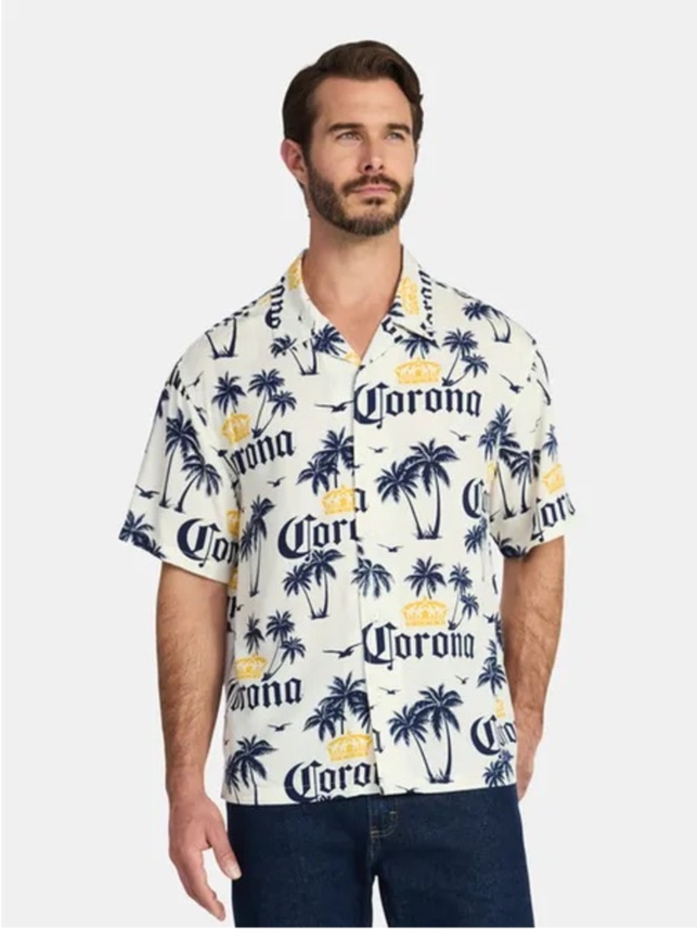 Corona White Short-Sleeve Tropical Logo Button-Down Shirt